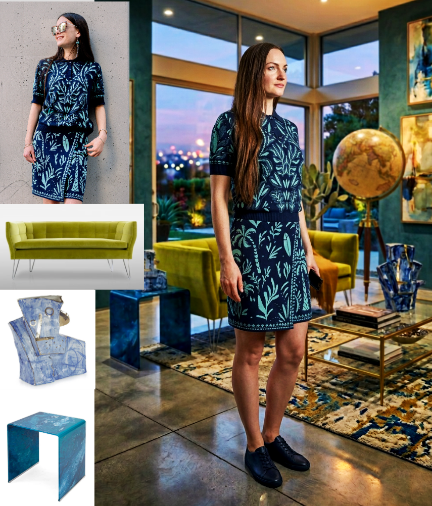 GLAS™ AI portrait — 10-product look: fashion and Finerie interiors