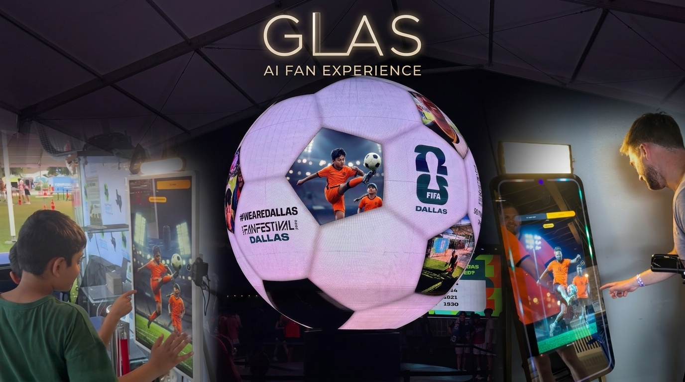 GLAS™ AI portrait displayed on the FIFA Fan Festival Dallas LED soccer ball — Argentina Jersey Dramatic Kick look