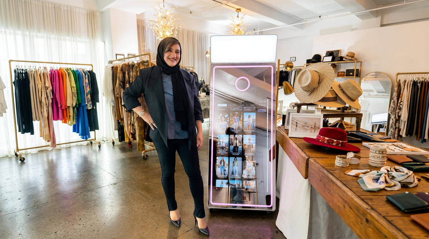 Jabeen Zaidi posing with her flagship GLAS device inside the Crescala Showroom